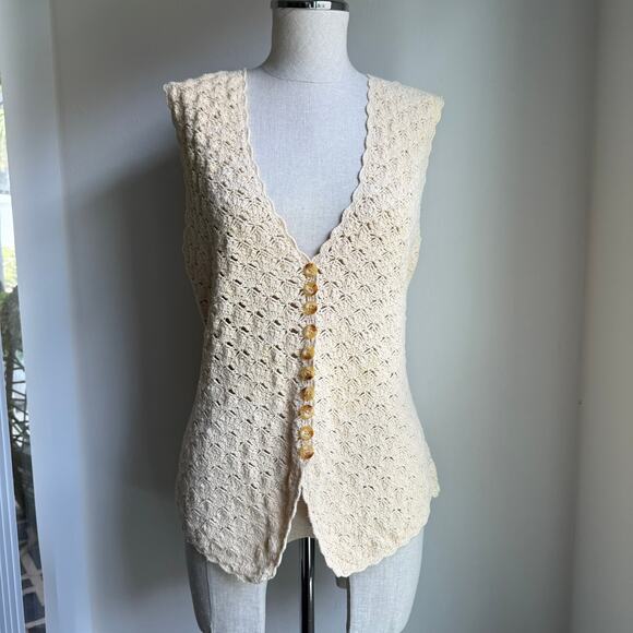 Worthington Vintage Crochet Knit Button Cream Beige Vest Small - Picture 4 of 7